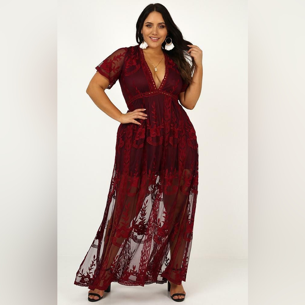 Extra Large - Wine Lace Bergundy Maxi Dress - Romper Shorts- XL